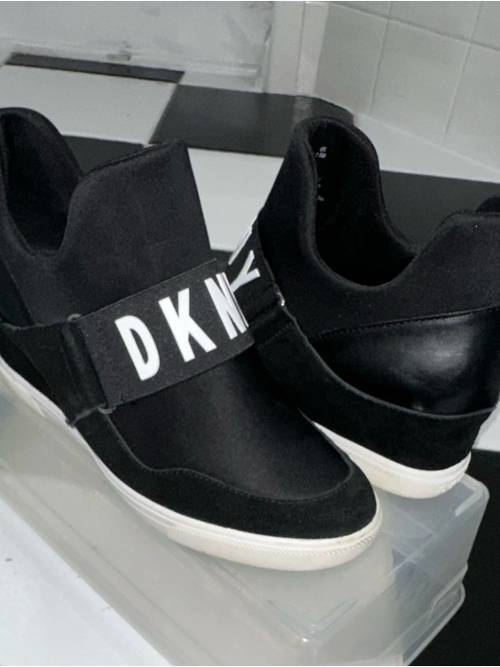 DKNY Black Slip-On Wedge Sneakers with White Sole - Picture 2 of 3